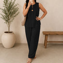 Conjunto Lucienne™ Blusa com Decote de Abertura Frontal e Calça Pantalona